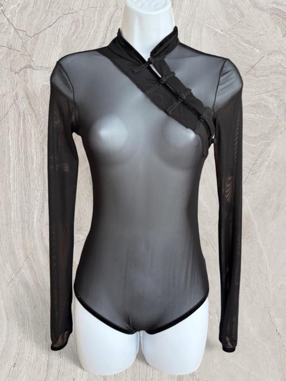 Y2K Dark Feminine L’école des Femmes Sheer Mesh Mandarin Collar Bodysuit